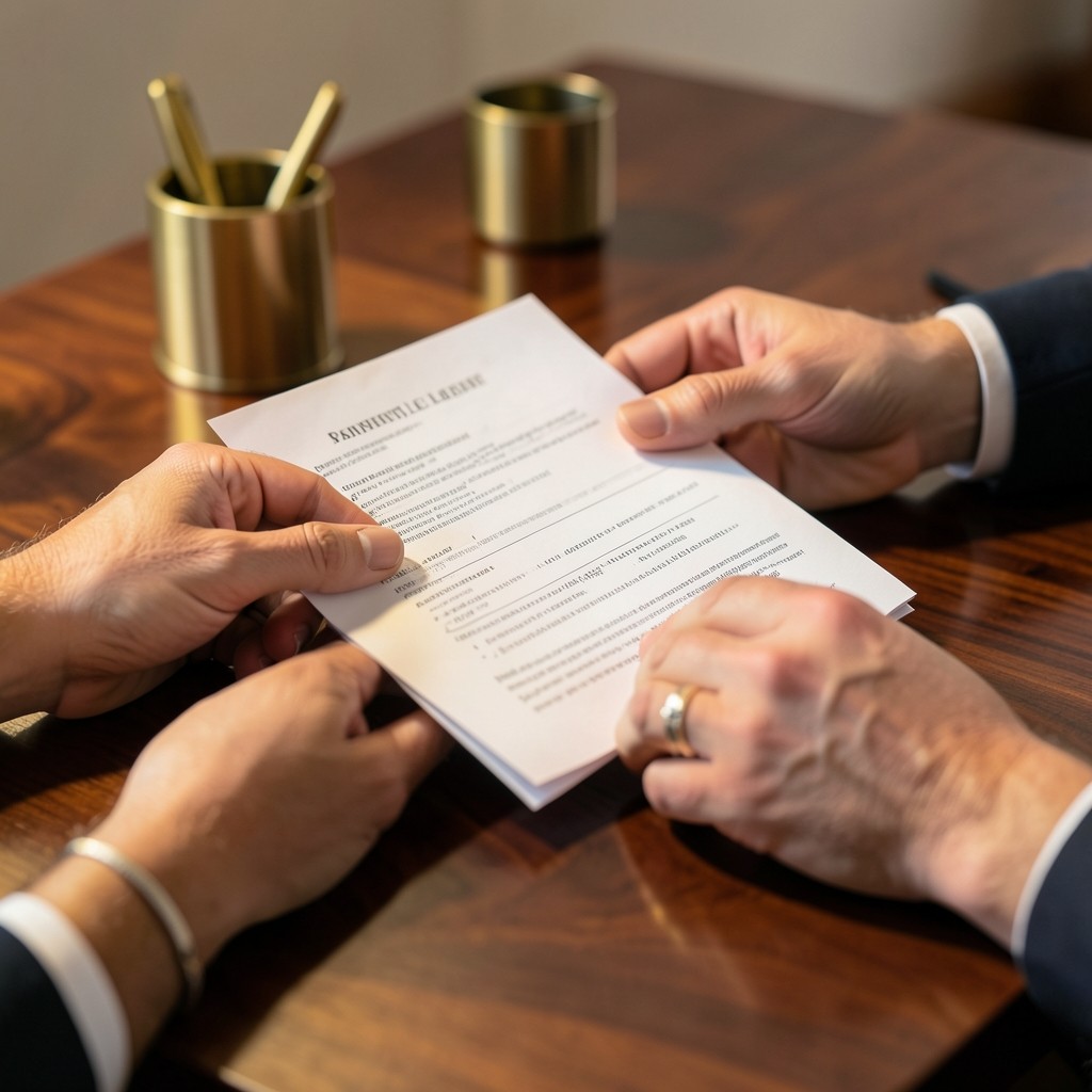 Deux mains adultes tenant des documents administratifs pour le partage du congé parental