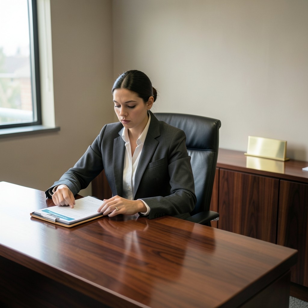 Responsable des ressources humaines consultant un dossier de salariée enceinte dans un bureau sobre