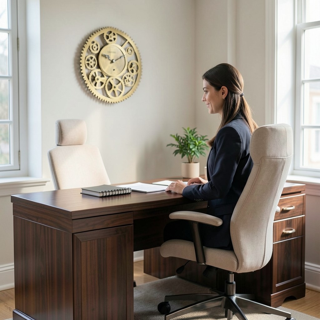 Salariée de retour au bureau avec espace de travail aménagé et horloge murale en laiton