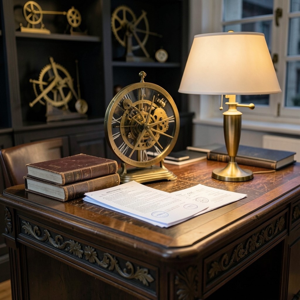 Bureau de consultation avec documents de droit du travail et horloge en laiton sur un bureau en noyer