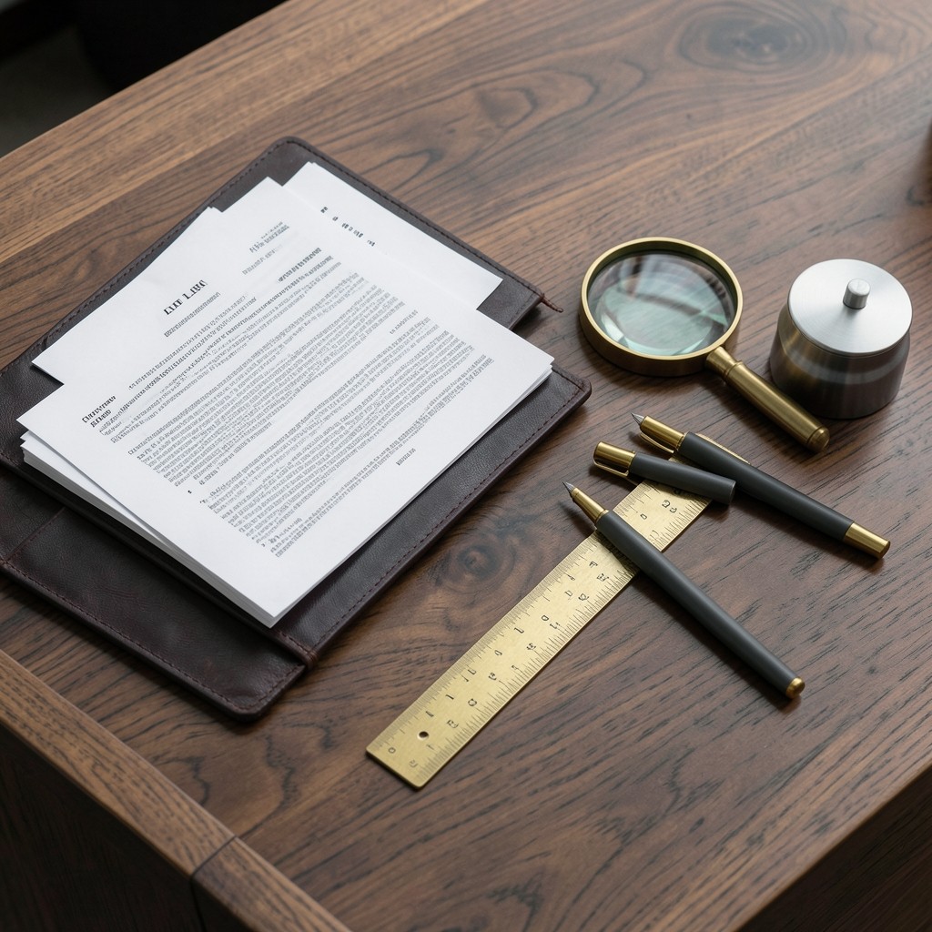 Documents juridiques empilés avec une loupe et des marqueurs sur un bureau de consultation