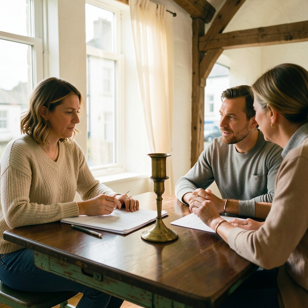 Parents consultant des documents administratifs pour le congé parental autour d'une table en noyer